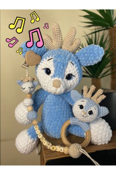 Homesinti 30cm amigurumi müzik kutulu Geyik, isim yazılabilen emzik zinciri ve çıngıraklı diş kaşıyıcısı takım