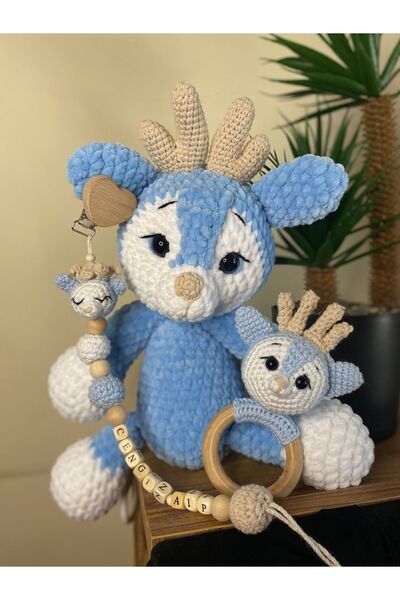 Homesinti 30cm amigurumi müzik kutulu Geyik, isim yazılabilen emzik zinciri ve çıngıraklı diş kaşıyıcısı takım