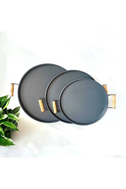 EceAksesuar مجموعة صينية بمقبض خشبي صينية شاي معدنية صينية قهوة عرض الإفطار مجموعة صينية مكونة من 3 قطع