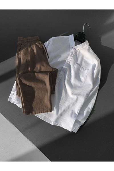 NO1 KONSEPT Σετ παντελόνι Oversize Λευκό Πουκάμισο Καφέ