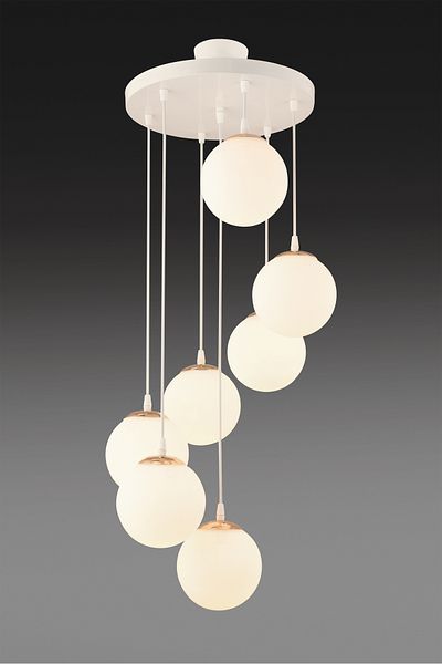 Kraliçe 7-Piece White Globe Glass Luxury Chandelier - Straight Downward Facing Pendant Lamp Tray