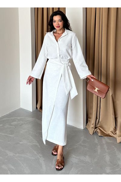 Laluvia Ecru Linen Shirt and Long Skirt Set
