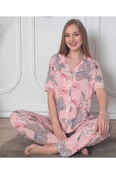ZMT Collection Floral Patterned Women's Knitted Pajama Set - Short Sleeve and Button Detail
