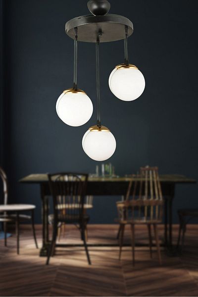 SONSUZ AYDINLATMA&AVİZE Black Glop Top Glass 3-Piece White Pendant Lamp Tray - Flat Downward Facing Luxury Chandelier