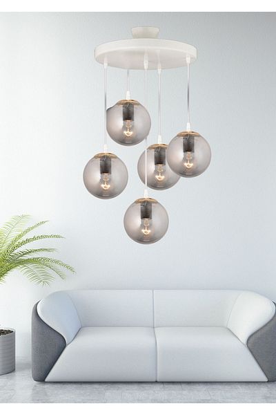 SONSUZ AYDINLATMA&AVİZE 5-Piece White Smoked Glop Ball Glass Flat Downward Facing Luxury Chandelier - Endless Pendant Tray