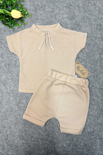 MYADA Yeni Sezon Waffle Petek Desen Pamuklu Kısa Kol Şortlu Alt Üst Bebek Takım
