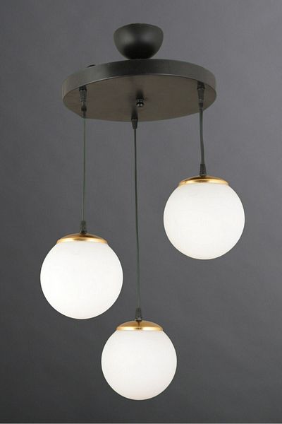 SONSUZ AYDINLATMA&AVİZE Black Glop Top Glass 3-Piece White Pendant Lamp Tray - Flat Downward Facing Luxury Chandelier
