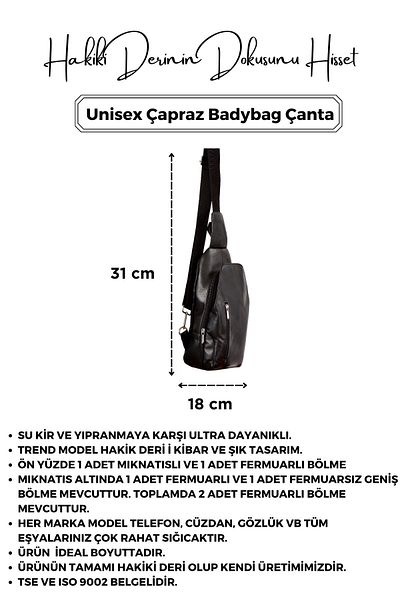 CüzCan Unisex Μαύρο Γνήσιο Δερμάτινο Σταυρό Badybag - Τσάντα ώμου και στήθους με έξοδο USB