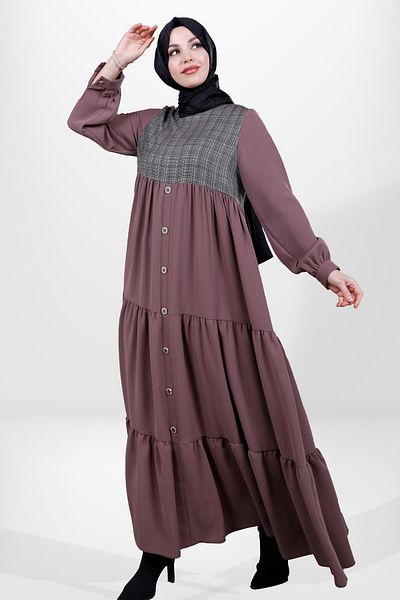 SheFa Χρωματιστό καφέ φόρεμα Hijab - Φούστα στρώσεων, Μοντέλο 5534