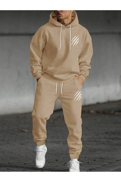 Hunors Sportswear & Company Ανδρική φόρμα μπεζ Oversize με κουκούλα από βαμβακερή φόρμα - Basic Beast Printed