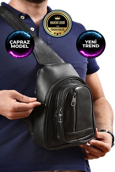 CüzCan Εξαιρετικά χρήσιμη Unisex Μαύρη τσάντα χιαστί από γνήσιο δέρμα