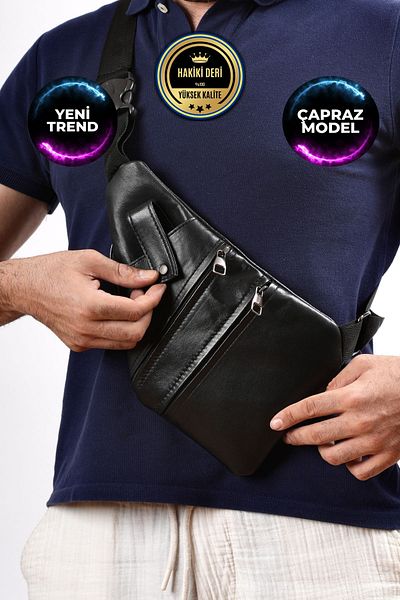 CüzCan Εξαιρετικά χρήσιμη Unisex Μαύρη τσάντα στήθους από γνήσιο δέρμα