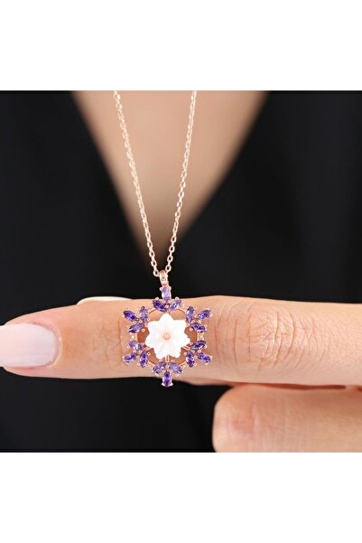 Mia Vento Ametist Kristali Kar Çiçeği Rose Renk Flowers Gümüş Kolye