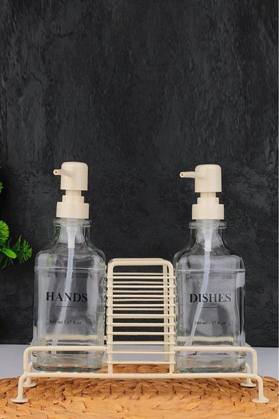 Digithome 2-Piece Metal Stand Glass Liquid Soap and Lotion Bottle Soap Dispenser 500 ml Cream – B/1 C1-1-289
