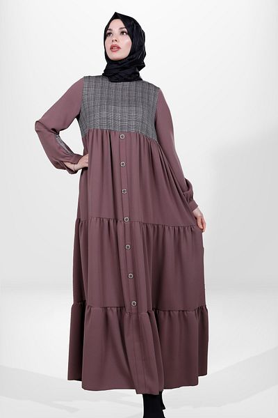 SheFa Χρωματιστό καφέ φόρεμα Hijab - Φούστα στρώσεων, Μοντέλο 5534