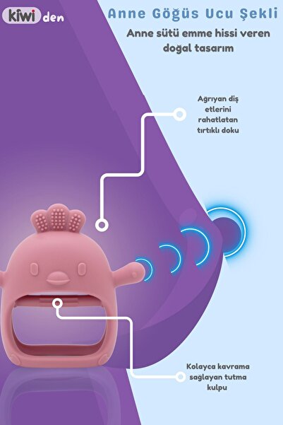 Kiwi Chicken Bebek Diş Kaşıyıcı Emzik Uçlu Eldiven Şeklinde Oyuncak Dişlik, Dark Pink Renk