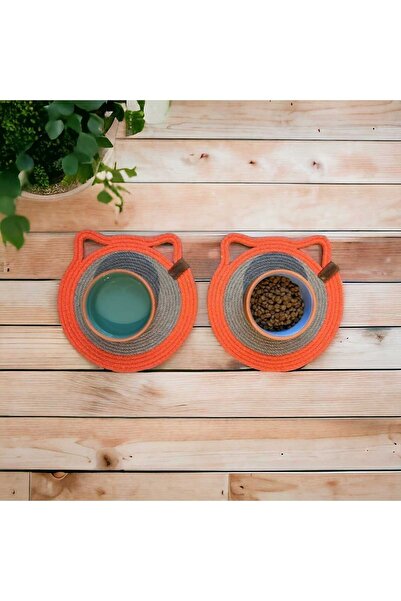 2'li Mini Kedi Ve Köpek Mama Paspası Hasır Paspas Evcil Hayvan Su Kabı Mama Kabı El Yapımı Mama Matı (Hasır Turuncu) - 25x30cm