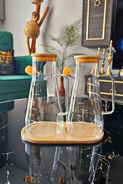 Gülümseten Avm Bambu Kapaklı Kulplu 900 ml 3 lü Borosikat Yağdanlık Seti | Masterchef Yağdanlık Set| Cam Yağdanlık