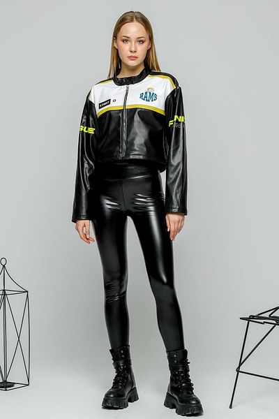 Black Level Women's Oversize Printed Leather Striped Biker Coat Short Zippered Racer Jacket Bomber College Coat