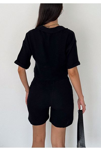 Little Visqon Black Women's Muslin Set - Pocket Detailed Short Sleeve and Buttoned Shirt and Shorts