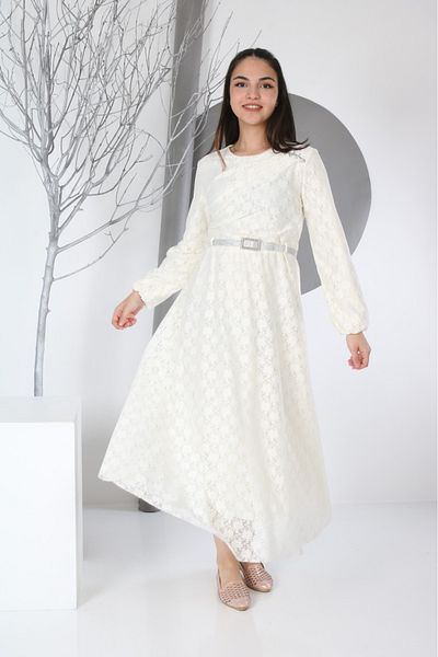 Asortix Rochie de seară lungă pentru fetiță, cu model Guipure, cu talie elastică