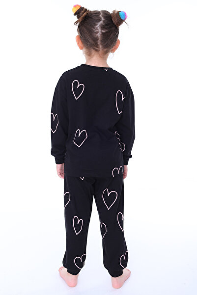 ZUZUNGA Kalp Desenli Siyah Kız Çocuk Pijama Takımı