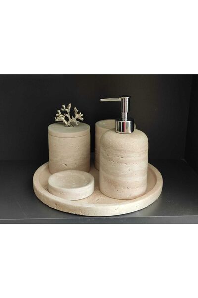 Polen Stone Set de baie din travertin, 5 piese - Piatră naturală, cu capac au...