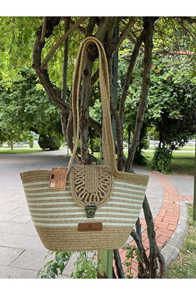 ModaCardin Geantă de plajă și de umăr - Geantă de mână cu aspect de paie de iută