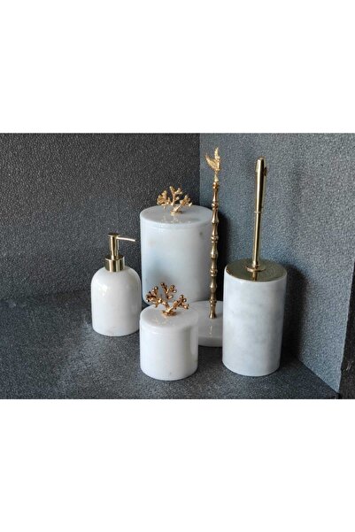 Polen Stone Beyaz Mermer Gold Başak Aksesuarlı 5'li Banyo Seti