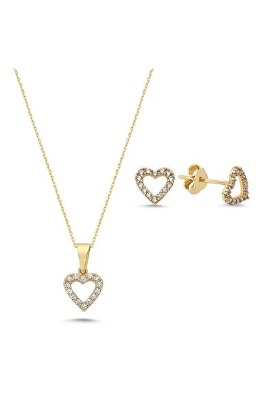 Online Takı Altın Mini Kalp Kolye ve Küpe