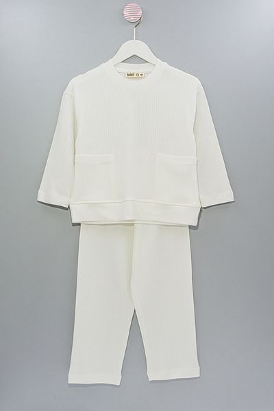 ZUZUNGA Ecru Girl's Pajama Set - Ribbed and Pocket