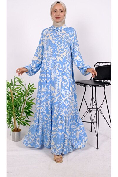 BestShopping Yakalı Viskon Yazlık Tesettür Elbise Mavi