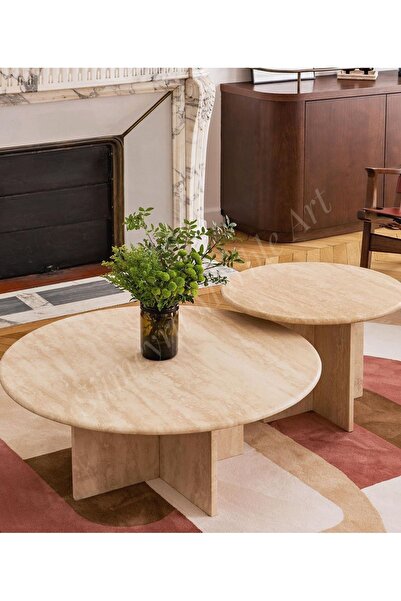 Sümeyra Marble Art Dual - Doğal Traverten Mermer Orta Sehpa | 2li Mermer Orta...