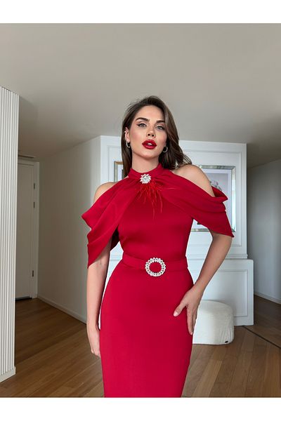 1Moda1Tarz Γυναικείο κόκκινο εισαγόμενο καλοκαιρινό ύφασμα κατάδυσης με φούντα με φούντα με λεπτομέρεια φόρεμα σχεδίασης