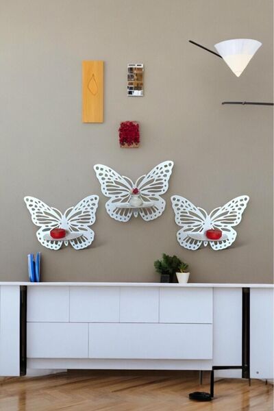 Ümra lazer 3.lü kelebek  duvar rafı mumluk Dekoratif Duvar Süsü Kelebek Raf 3...