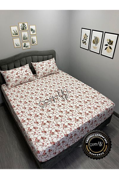 Çetinhome Red Double and Oversized Gardenia Fitted Sheet Set