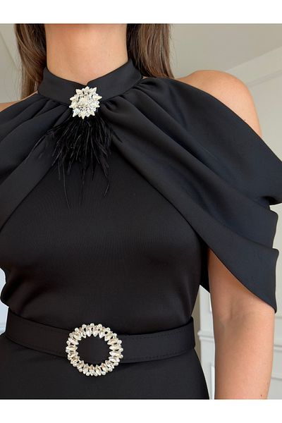 1Moda1Tarz Γυναικείο μαύρο εισαγόμενο καλοκαιρινό ύφασμα κατάδυσης με ζώνη φούντα καρφίτσα με λεπτομέρεια φόδρα σχεδίου