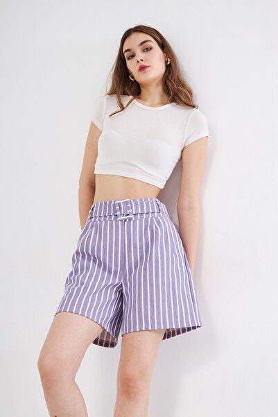 Yıldızistan شورت نسائي قصير من الجبردين بإبزيم حزام أرجواني أبيض 700-3562