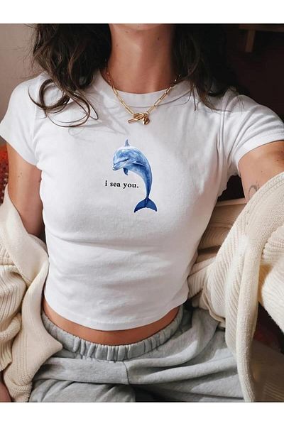 Touz Moda I See You Printed Belt Length Crop Μπλούζα