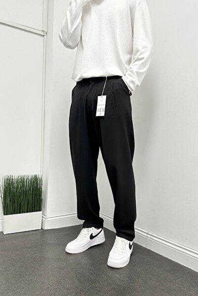 BDRMAN Φαρδύ Μαύρο Χρώμα Άνετο Παντελόνι Πλισέ