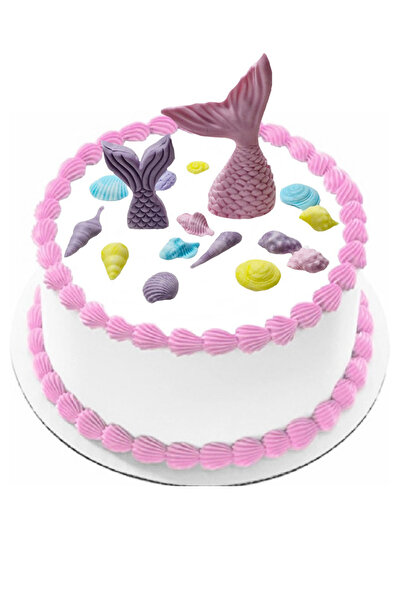 Pasta9 Şeker Hamurundan Pasta Tamamlayıcı Süs Balık Kuyrukları ve Deniz Yıldızları Kabuklar Modeli