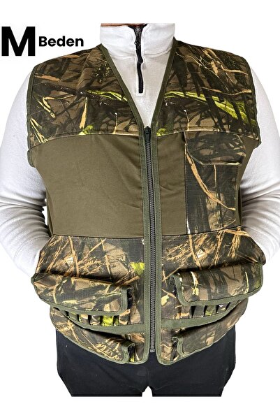 UYĞURCA M Beden Avcı Yeleği - 30 Fişek Kapasiteli - Haki üzerine Yeşil Ağaç Desen Kumaş