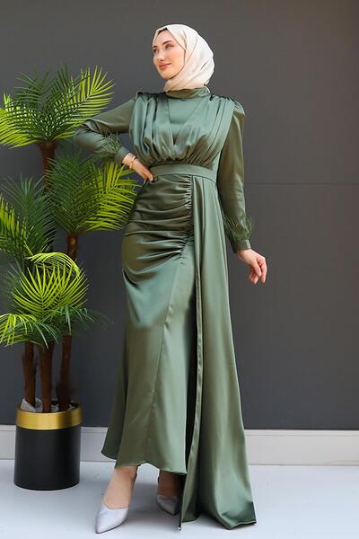 GİZ AGİYİM Χακί Σατέν Τεσσέτροφο Φόρεμα - Με Φτερά