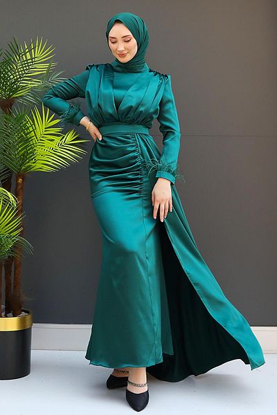 GİZ AGİYİM Σμαραγδένιο Φόρεμα Hijab - Γούνινο Σατέν