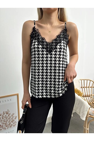 Cistern İstanbul Zebra Patterned V-Neck Lace Blouse - Summer Design with Rope Strap