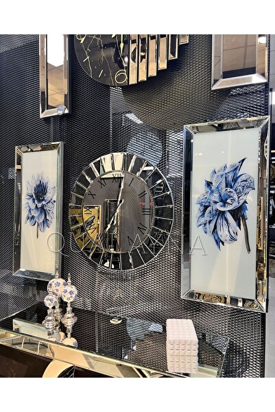 QUAL 3’lü Gümüş Çizgi Saat ve 40*90 cm Mavi Çiçekler Tablo Seti