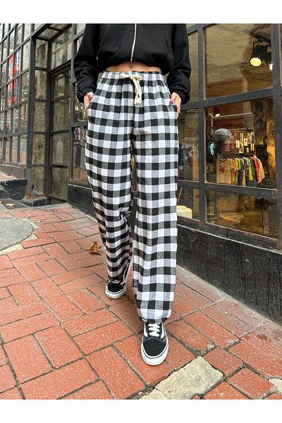 DENİKK Trend Unisex καρό μοτίβο λαστιχένιο παντελόνι με φαρδύ πόδι