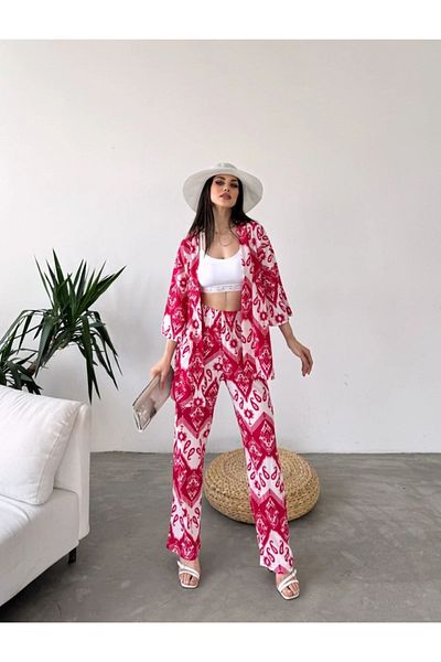 520CK Fuchsia Patterned Fashion Show Wrap Women's Kimono Set