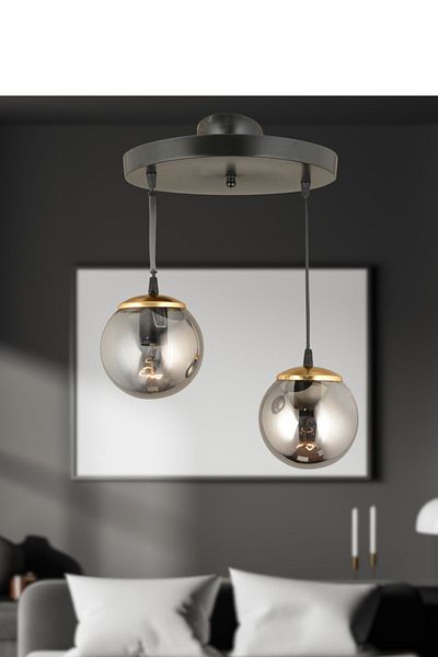 SONSUZ AYDINLATMA&AVİZE Black Infinite Pendant Tray - 2-Piece Smoked Glop Ball Glass Facing Luxury Chandelier