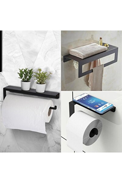 JaguArt Modern Metal 3'lü Set Raflı Banyo Mutfak Havlu Askılığı Rulo Havlu As...